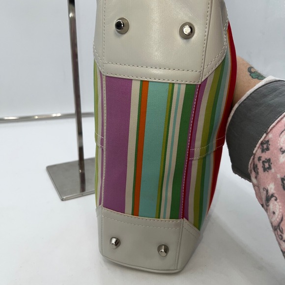 Coach Hampton Multicolor Canvas White Leather Trim Stripes Satchel Tote Bag - Picture 11 of 14